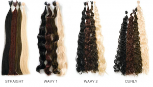 Haarverlängerung Wellungen vier Möglichkeiten: Straight (glatt), Wavy 1 (grob gewellt), Wavy 2 (intensiv gewellt) und Curly (lockig).
