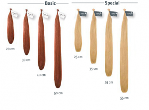 Veranschaulichung der acht möglichen Hairdreams Längen für Haarverlängerungen: 20cm, 30cm, 40cm und 50cm (Basic) & 25cm, 35cm, 45cm und 55cm (Special)